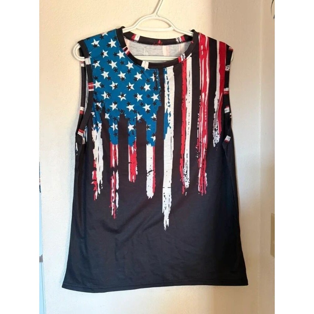 Distressed American Flag Tank Top Black Red White Blue Sleeveless Women's XL